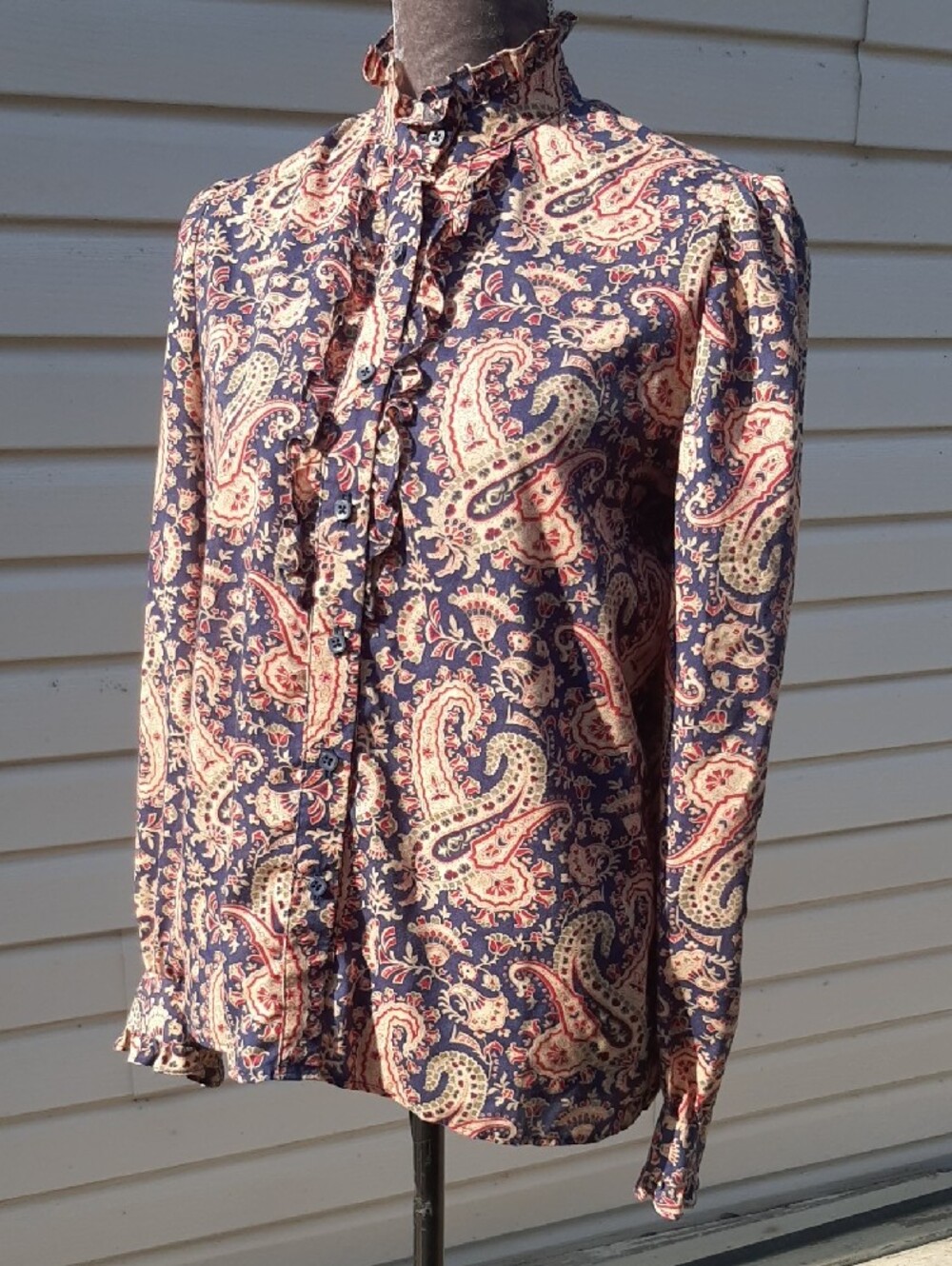 HAND-SEWN🧵70's STYLE Paisley High-Neck Blouse in Navy&Tan BUTTON-UP Fits M/L - Picture 3 of 10